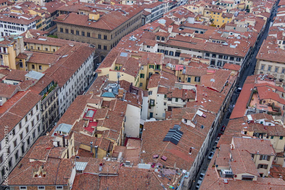 Red roofs of old houses Florence seen from the observation platform Duomo, Cathedral Santa Maria del Fiore.