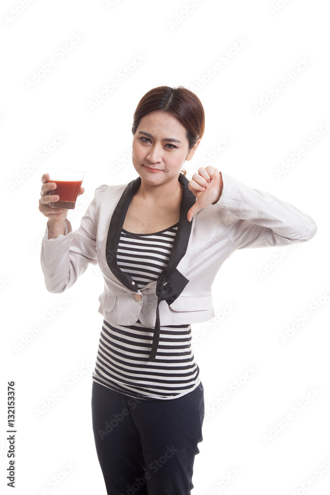 Asian woman thumbs down hate tomato juice. Asian woman thumbs down hate tomato juice.
