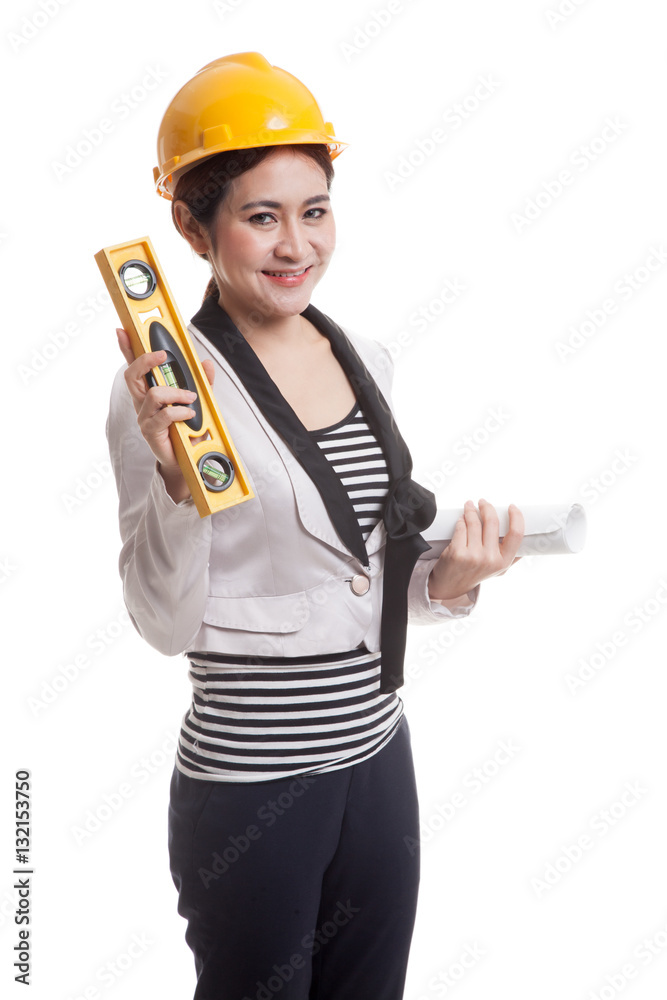 Asian engineer woman with blueprints and level. Asian engineer woman with blueprints and level.
