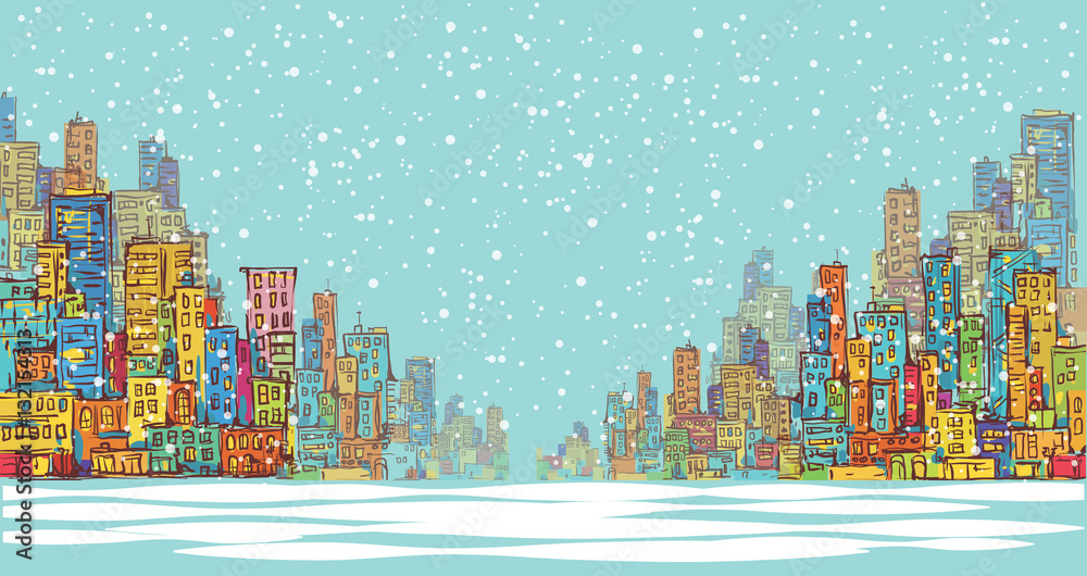 City panorama, winter snow landscape in daylight, hand drawn cityscape, vector drawing architecture illustration City panorama, winter snow landscape in daylight, hand drawn cityscape, vector drawing architecture illustration