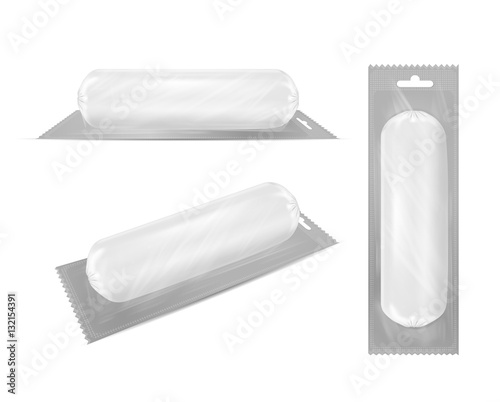 White empty plastic packaging with sausage