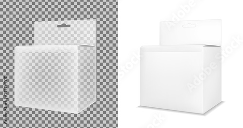 Realistic white paper or plastic packaging box with hanging hole
