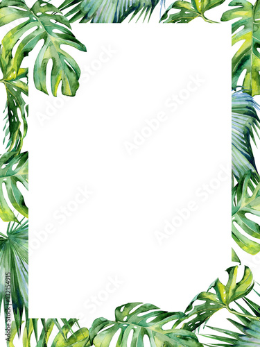 Watercolor illustration of tropical leaves, dense jungle. Hand painted. Banner with tropic summertime motif may be used as wedding or greeting card. Invitation template. Holyday or birthday greeting