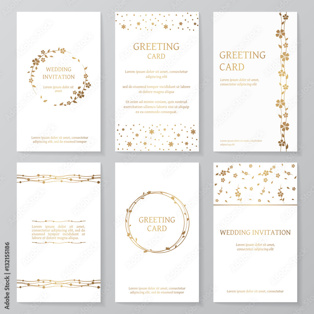Set of six retro templates with gold floral ornament. Vector vintage wedding invitations and greeting cards with flowers (wreath, border, pattern).