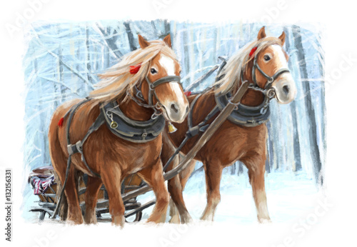 Fototapeta Naklejka Na Ścianę i Meble -  Christmas winter happy scene with frame - man in the sleigh with two horses - illustration for children