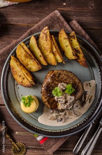 Steak with pepper sauce and mushrooms