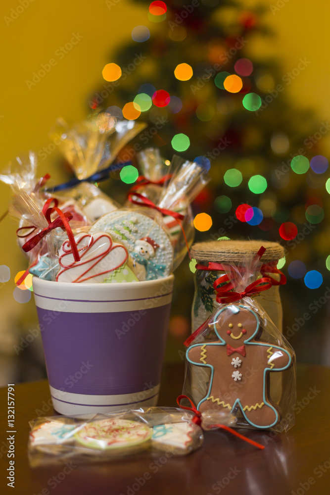 Beautiful Christmas gingerbread cookies and smiling gingerbread men. Holiday concept decorations.