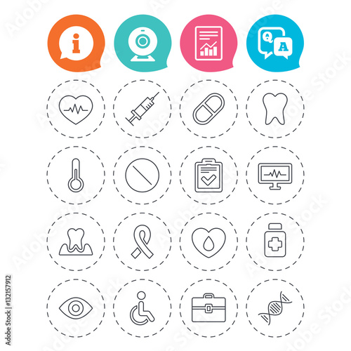 Medicine icons. Syringe, heartbeat and pills.