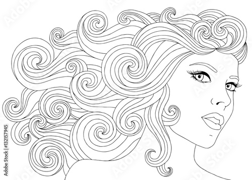 Vector hand drawn illustration woman with waves floral hair for adult coloring book. Freehand sketch for adult anti stress coloring book page with doodle and zentangle elements.