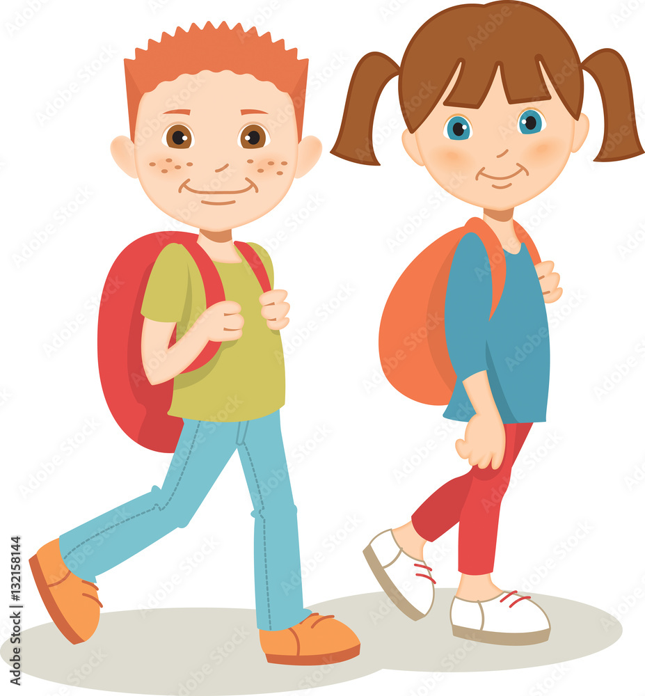 Young girl and boy carrying backpacks, cheerfully walking to school