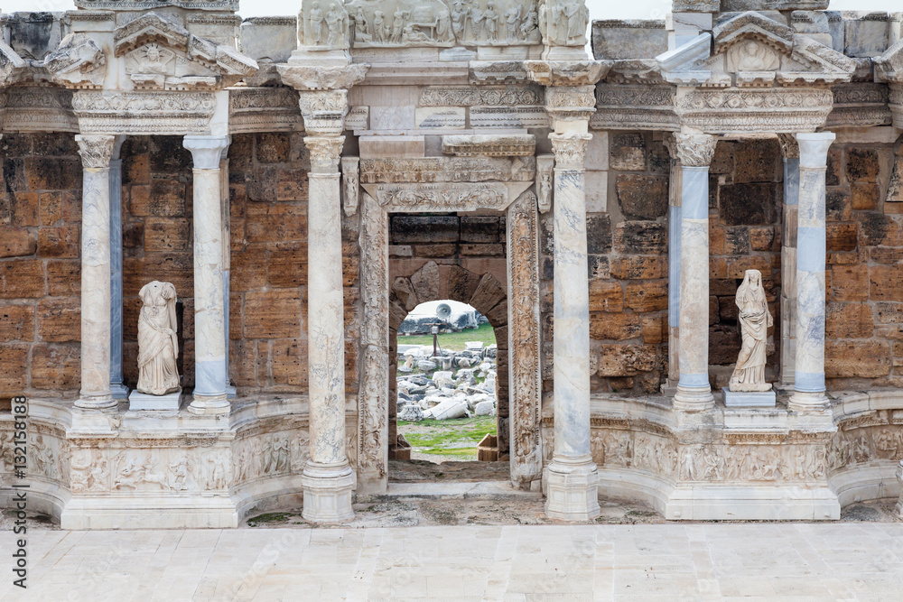 Hierapolis Theatre.  The stage buildings of Hierapolis theatre were constructed in the 2nd century AD and the site is now a UNESCO World Heritage Site.