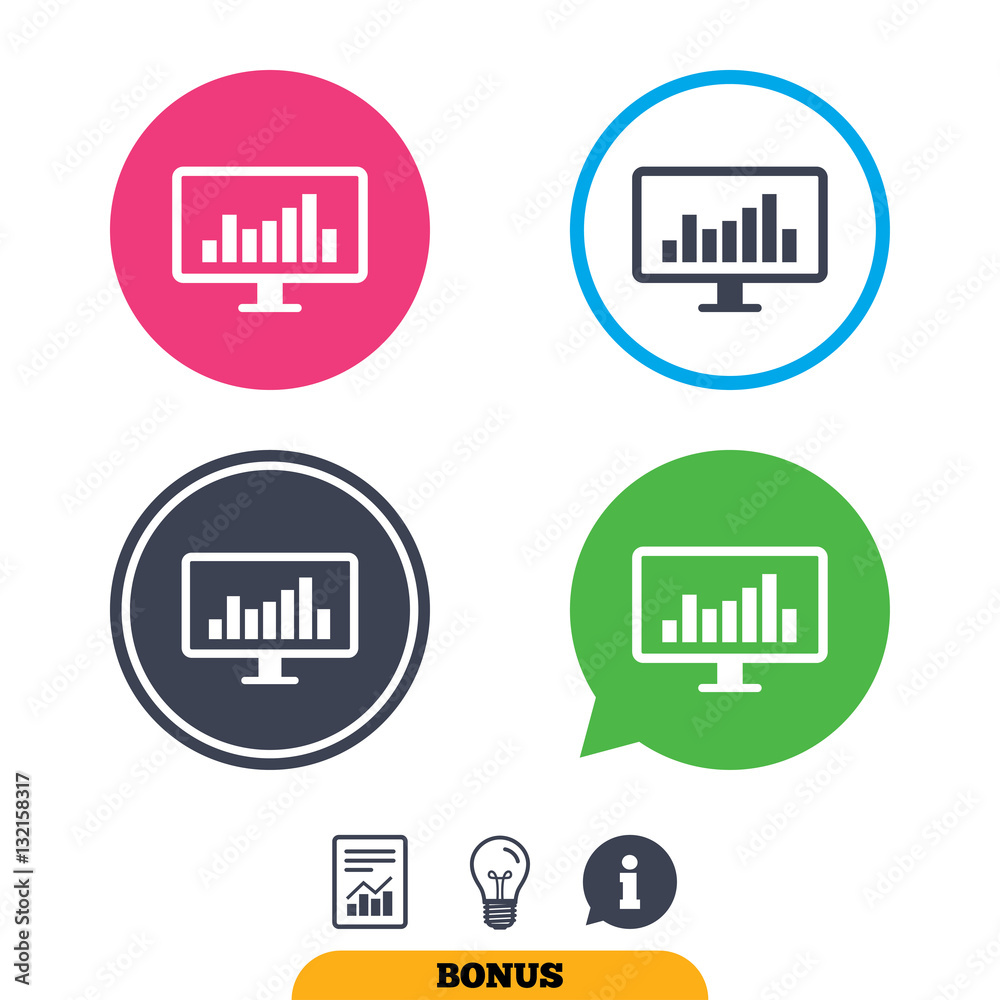 Computer monitor sign icon. Market monitoring. Computer monitor sign icon. Market monitoring.