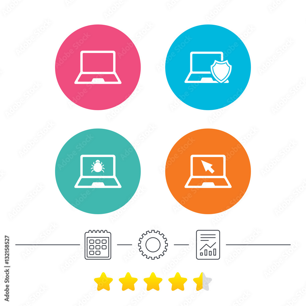 Notebook laptop pc icons. Virus or software bug. Notebook laptop pc icons. Virus or software bug.