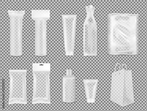 Big set. Transparent empty plastic packaging. Blank foil sachet