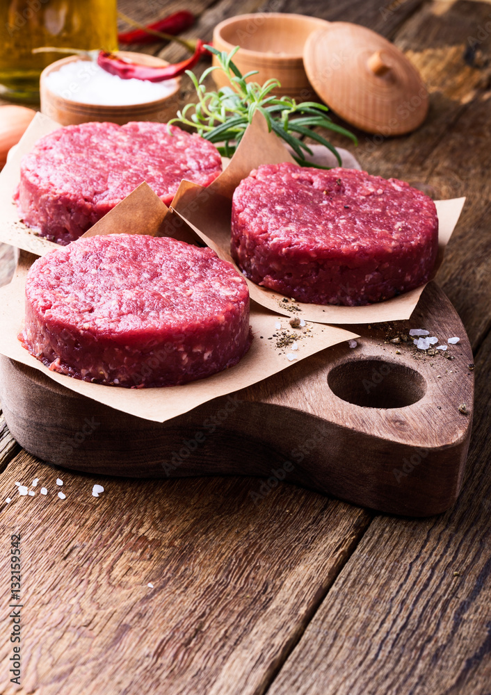 Raw ground beef, round patties for making burgers Raw ground beef, round patties for making burgers