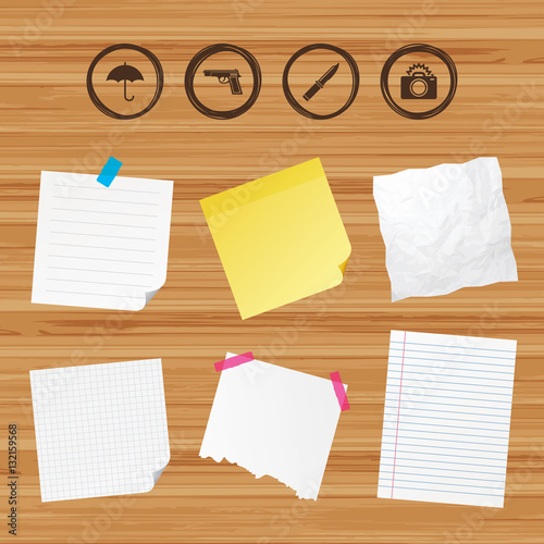 Gun weapon. Knife, umbrella and photo camera.