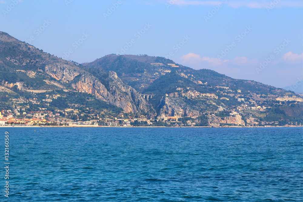 Beautiful sea view of Menton on the French Riviera, border of Fr