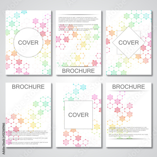 Set of business templates for brochure, flyer, cover magazine in A4 size. Structure molecule DNA and neurons. Geometric abstract background. Medicine, science, technology. Scalable vector graphics.