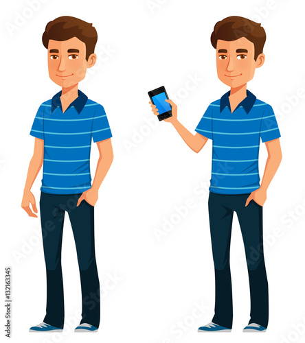 friendly young guy in casual clothes, holding a mobile phone
