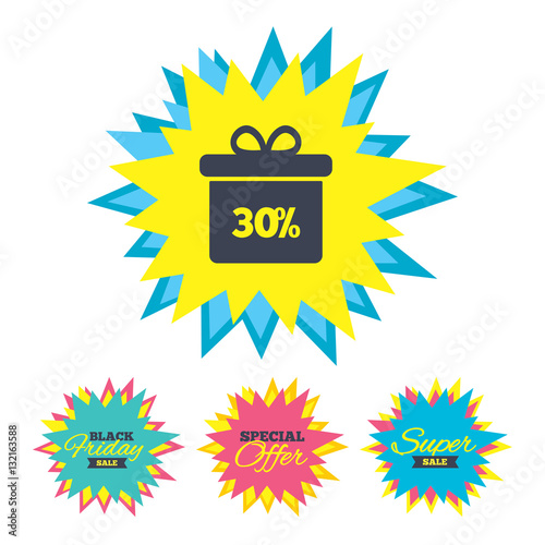 30 percent sale gift box tag sign icon.