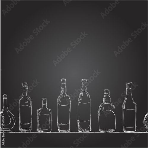 Vector set of bottles with alcohol, the style of chalk on a blackboard