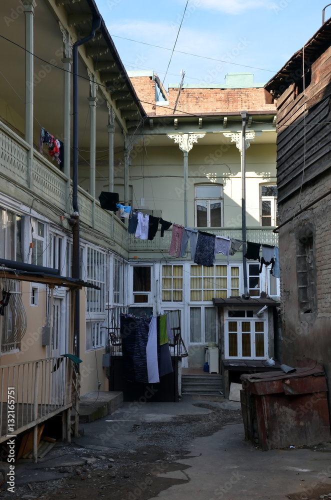 Typical inner yard with clothes lines in Tbilisi, capital of Georgia