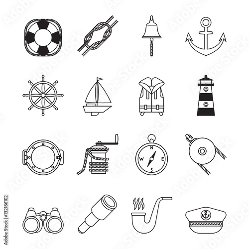 Set of black line yachting and sailing icons