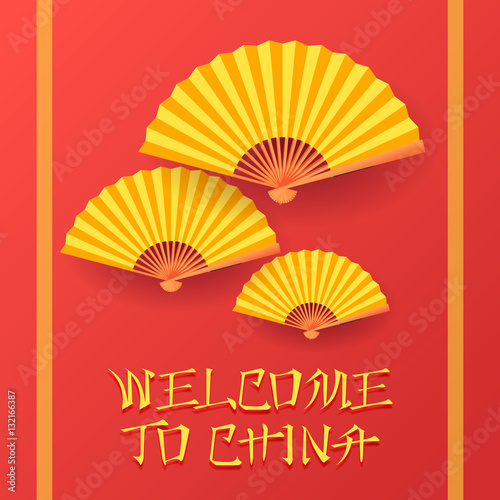 Welcome to china invitation card design template with yellow traditional fans on red background. Flat style vector illustration