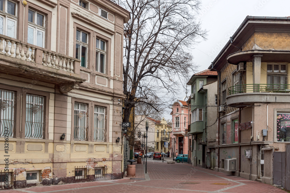PLOVDIV, BULGARIA - DECEMBER 30 2016: Houses and street in city of Plovdiv, Bulgaria