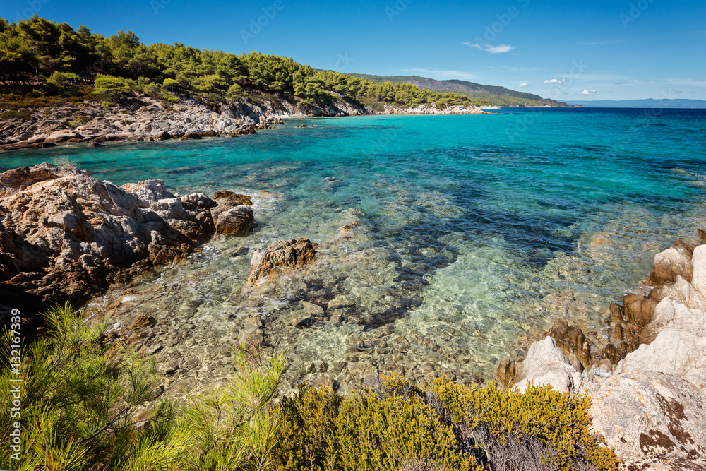 View of the Kavourotrupes beach, Sithonia, Halkidiki,  in Greece.