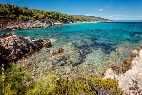 View of the Kavourotrupes beach, Sithonia, Halkidiki, in Greece.