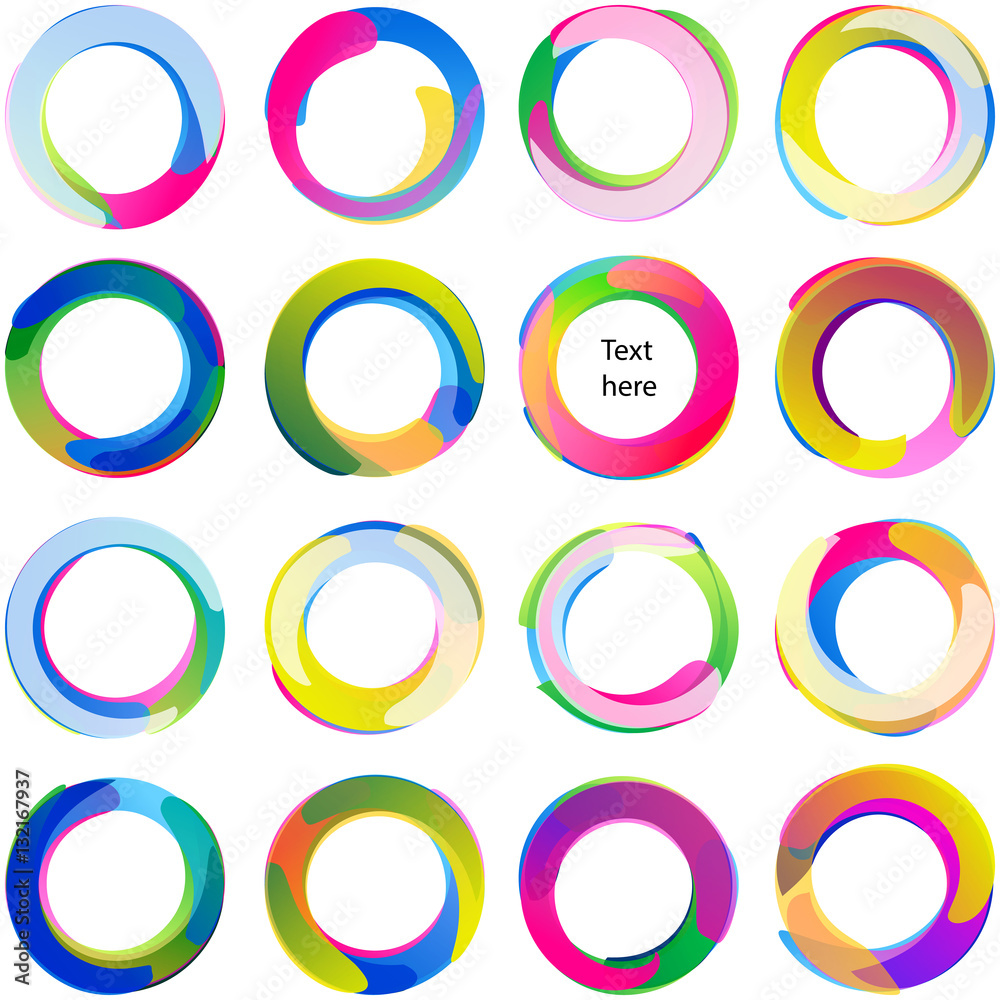 Colored overlapping circles; Arcs rounded multicolored banners, Swirled circular medals and labels; Vector icons set Eps10