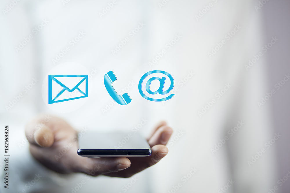 Man using a mobile phone while emitting a clouds of contact icon Man using a mobile phone while emitting a clouds of contact icon