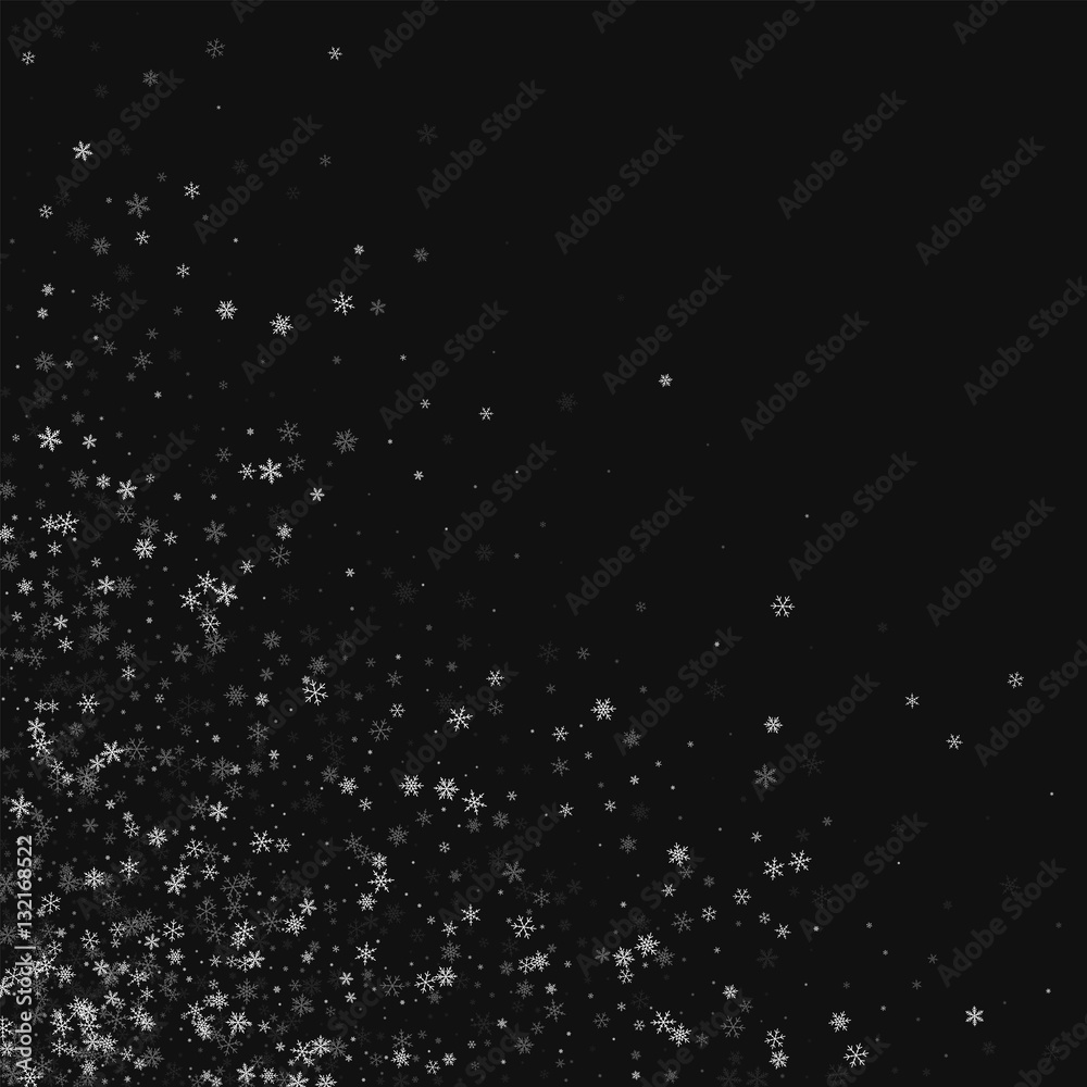 Beautiful snowfall. Scattered bottom left corner on black background. Vector illustration. Beautiful snowfall. Scattered bottom left corner on black background. Vector illustration.