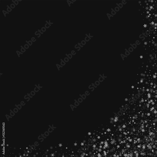 Beautiful snowfall. Abstract right bottom corner on black background. Vector illustration.