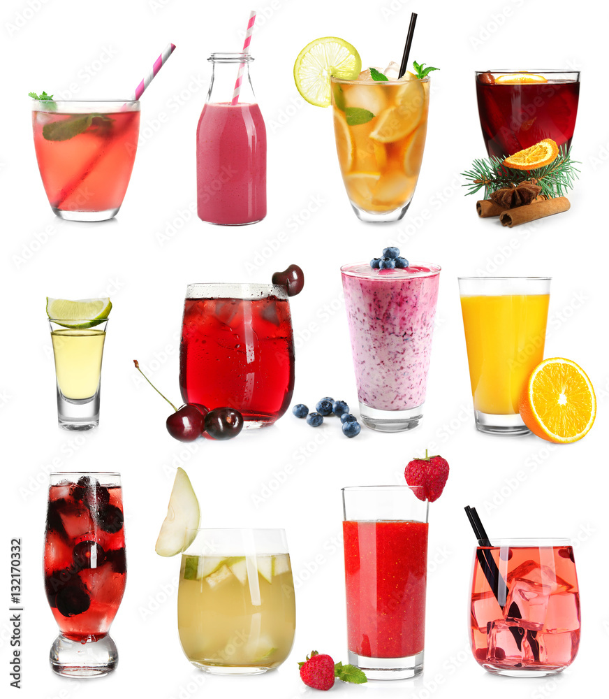 Delicious cocktails on white background