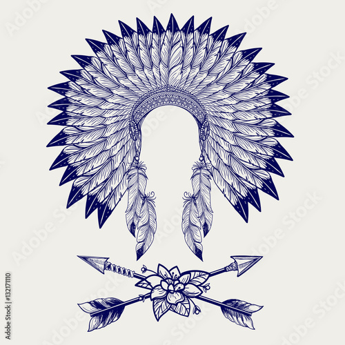 Hative american headdress from feathers and arrows with flower. Vector illustration