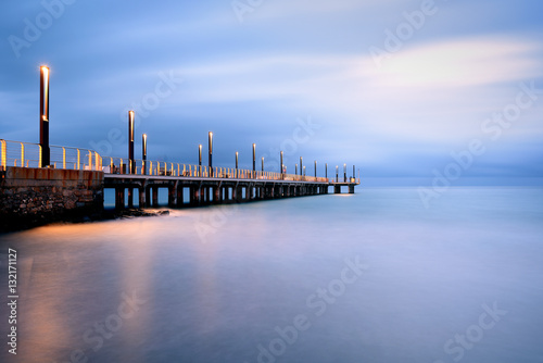 Pier Lights at Blue Hour, Alassio, Ligury, Italy photo