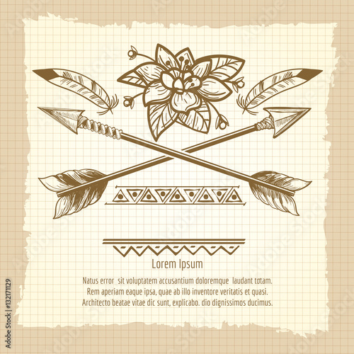 Vintage poster design with cross of arrows flower feathers and ethnic ornaments. Vector illustration