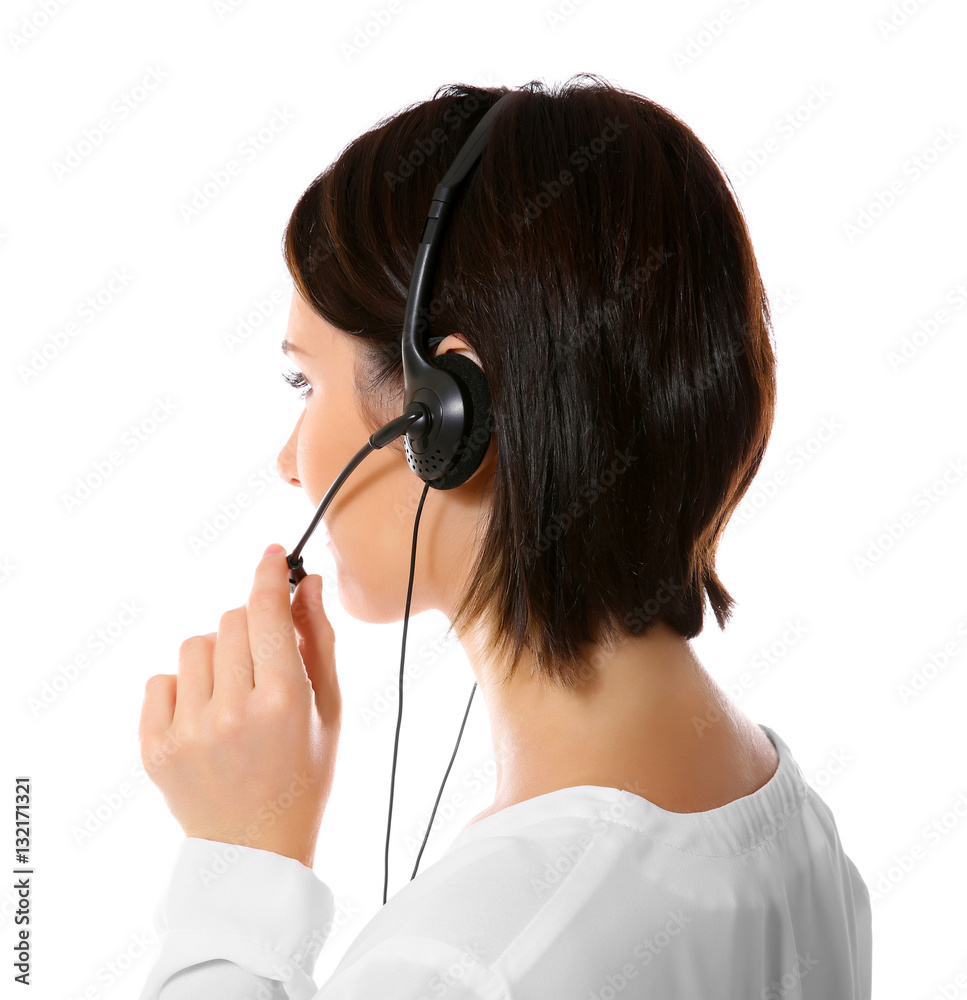 Female technical support call center dispatcher on white background