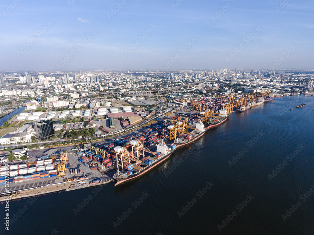 Aerial shot of large bangkok shipping port taken in afternoon