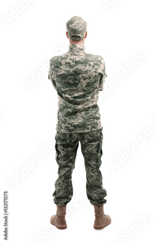 Soldier in camouflage on white background