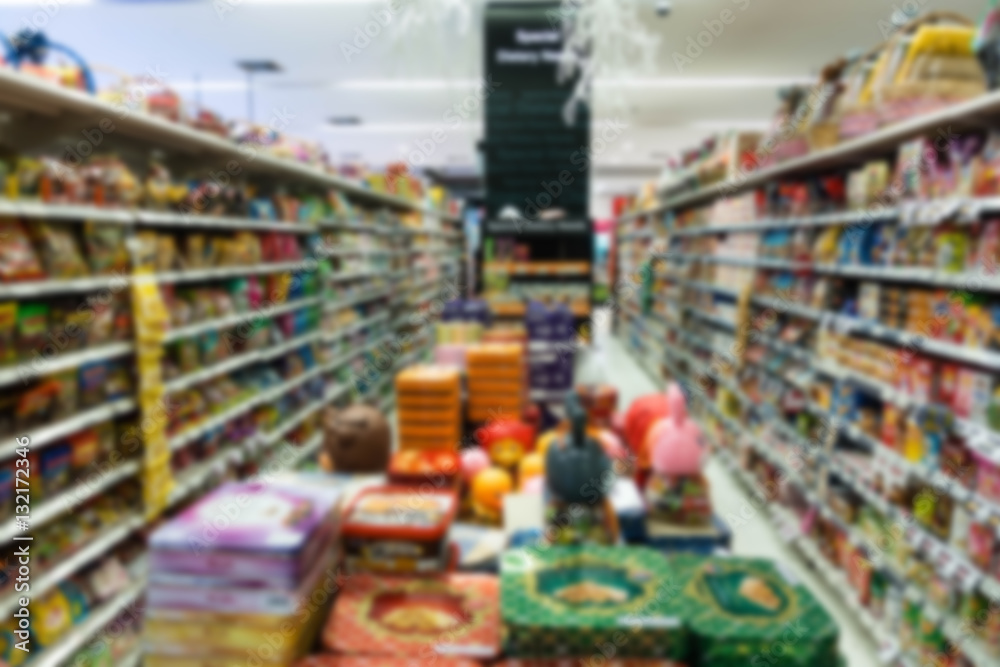 Supermarket blur background with miscellaneous product shelf