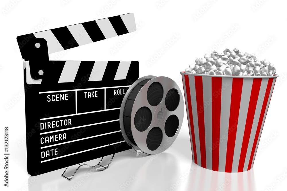 Movies, cinema concept - film reel, popcorn bucket - great for topics like  movie theater/ cinema etc. Stock Illustration