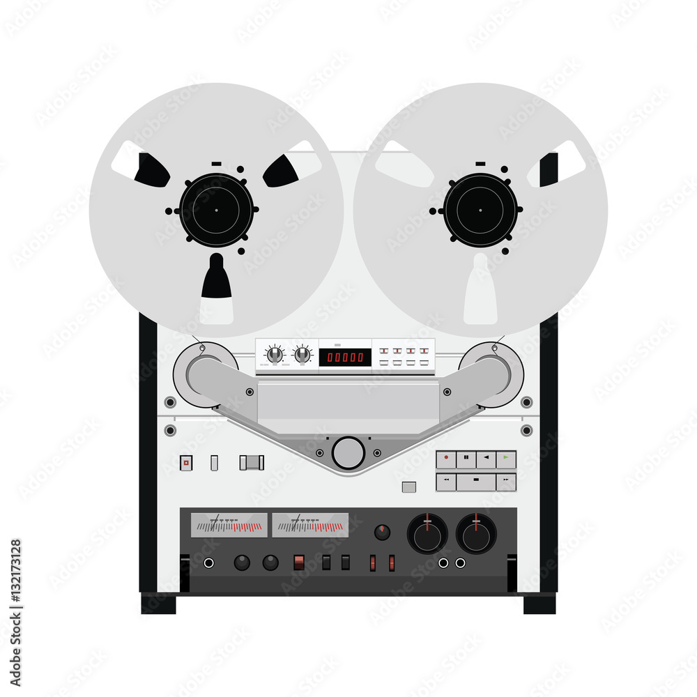 Vintage reel to reel tape recorder deck. Retro technologies. Vec
