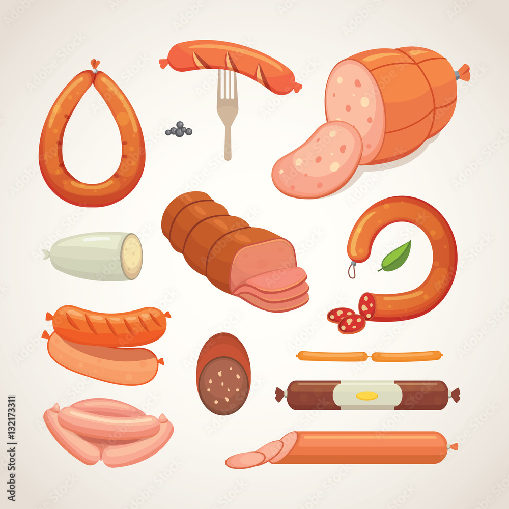 Set of vector cartoon sausage. Bacon, sliced Salami and Smoked Boiled. Isolated fresh grilled product on a white background