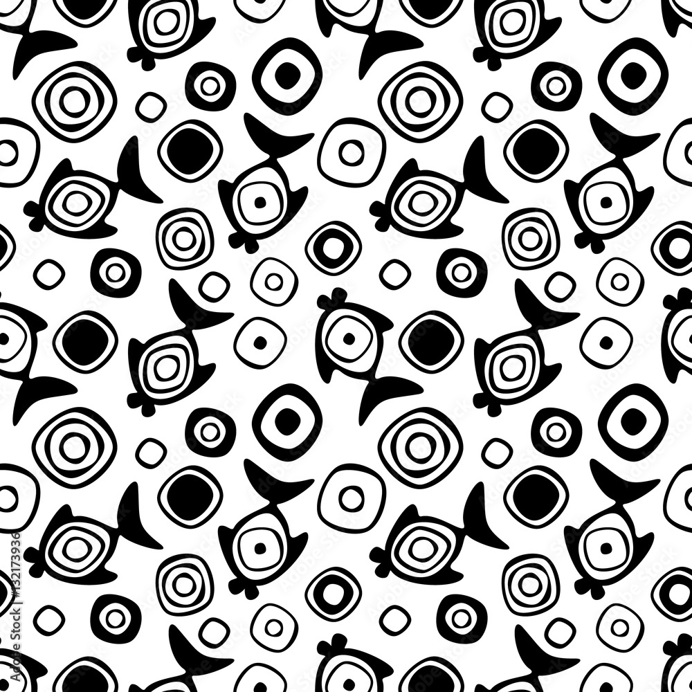 Vector seamless decorative pattern with hand drawn fish. Black and white background. Template for wrapping, fabric, cover. Series of hand drawn decorative seamless patterns.