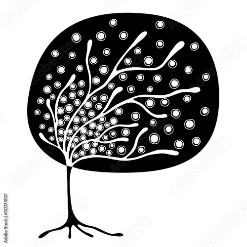 Vector hand drawn illustration, decorative ornamental stylized tree. Black and white graphic illustration isolated on the white background. Inc drawing silhouette. Decorative artistic ornamental wood