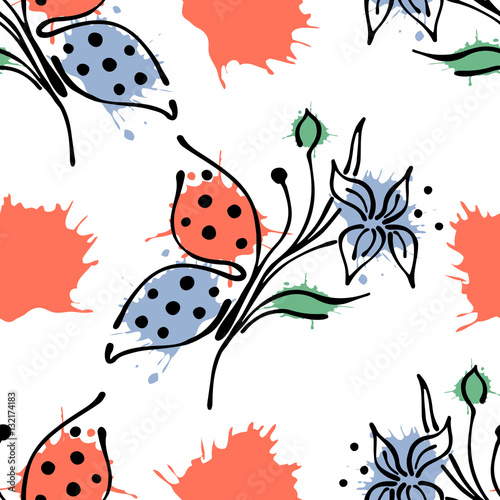 Vector seamless floral pattern with butterfly flowers  leaves  decorative elements  splash  blots  drop Hand drawn contour lines and strokes Doodle sketch style  graphic vector drawing illustration
