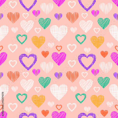 Seamless vector love pattern with hearts. Endless background with hand drawn colorful figures. Pattern for wrapping, cover, background, surface print